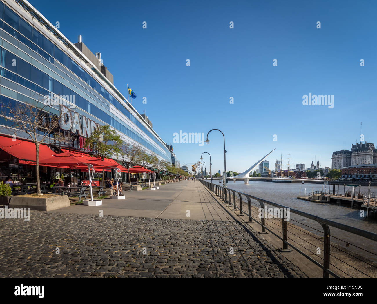 Puerto Madero Promenade Restaurants and Womens Bridge (Puente de la Mujer)  on background - Buenos Aires, Argentina Stock Photo - Alamy