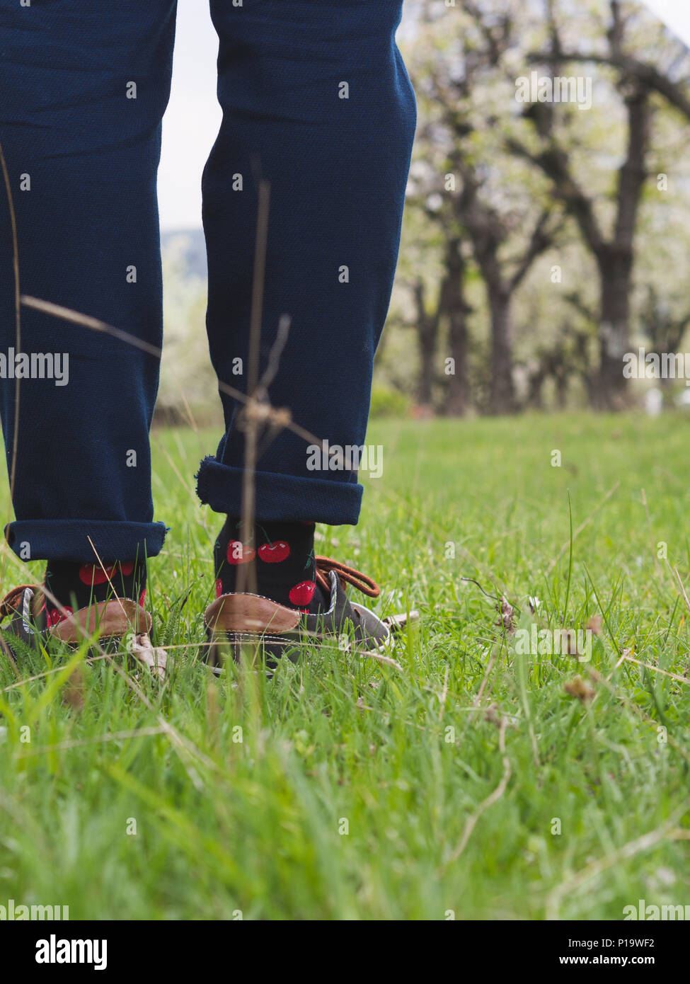 Close-up of man's legs in stylish sneakers on green grass Stock Photo
