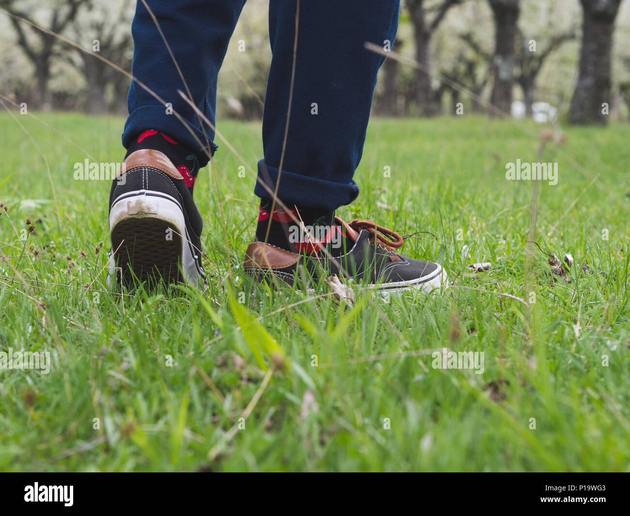 Close-up of man's legs in stylish sneakers on green grass Stock Photo