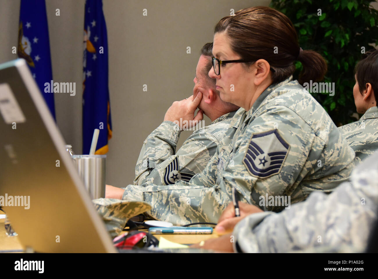 Airmen from the 118th Wing participate in a professional writing class on Oct. 1, 2016 in Nashville, Tenn. Two visiting enlisted professional military education instructors taught the class on how to improve their effective writing skills. (U.S. Air National Guard photo by Airman 1st Class Anthony Agosti) Stock Photo