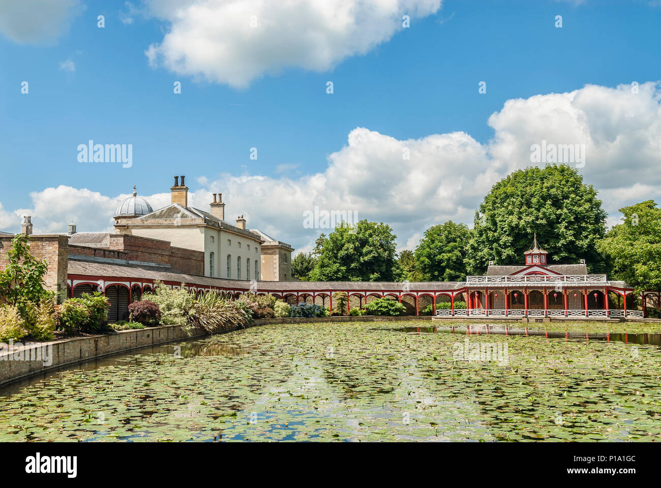 Chinese Pond and house at Woburn Abbey and Gardens, near Woburn, Bedfordshire, England Stock Photo