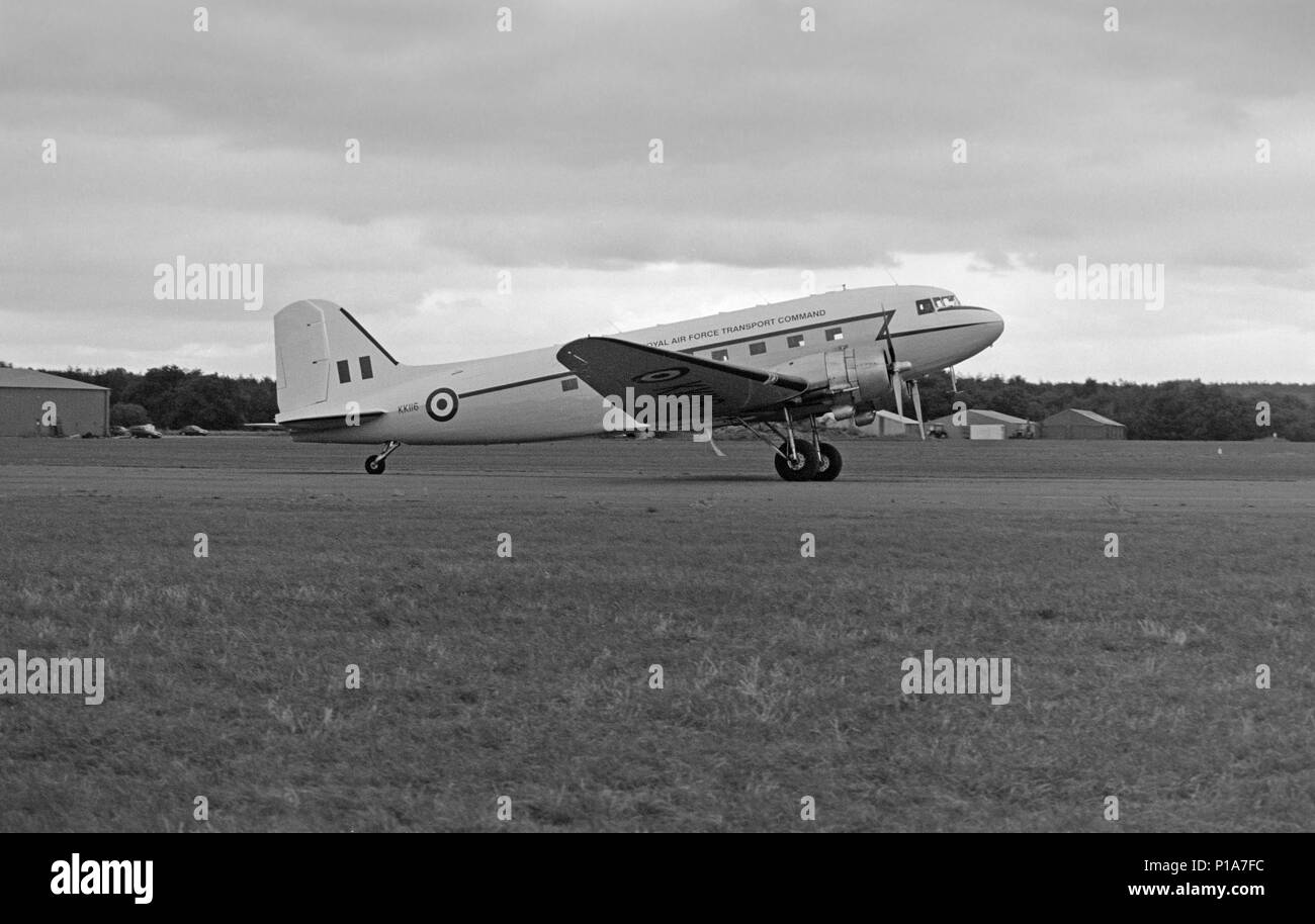 A vintage black and white photograph of a British Royal Air Force Transport Command Douglas DC-3 Dakota, or C-47, serial number KK116. Stock Photo