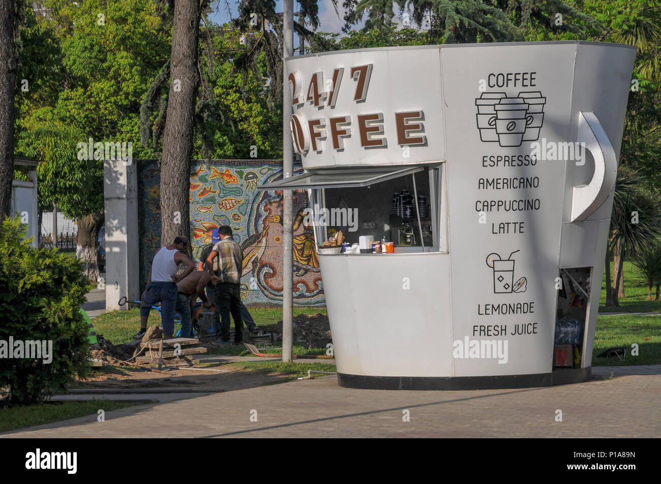 A kiosk in the shape of a coffee cup selling coffee in Batumi, Georgia ...