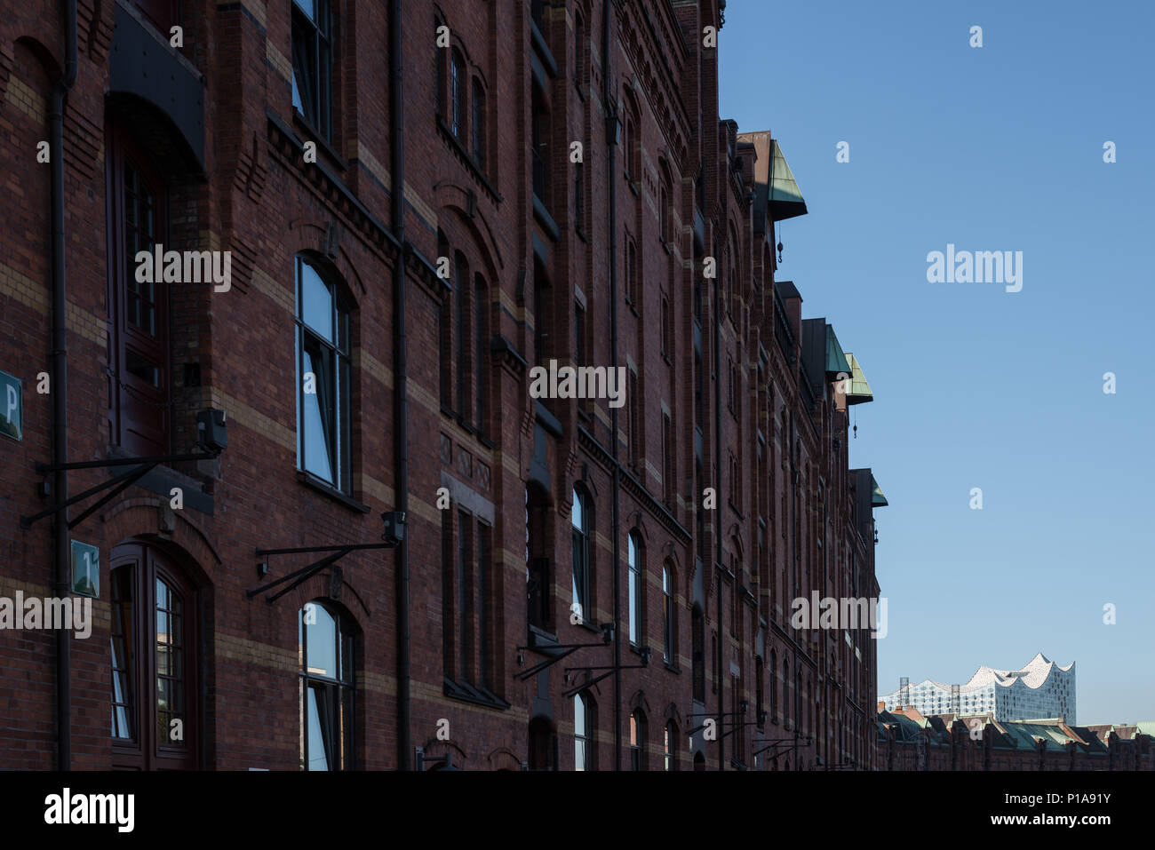 Hamburg, Germany, Elbphilharmonie behind the Speicherstadt Stock Photo