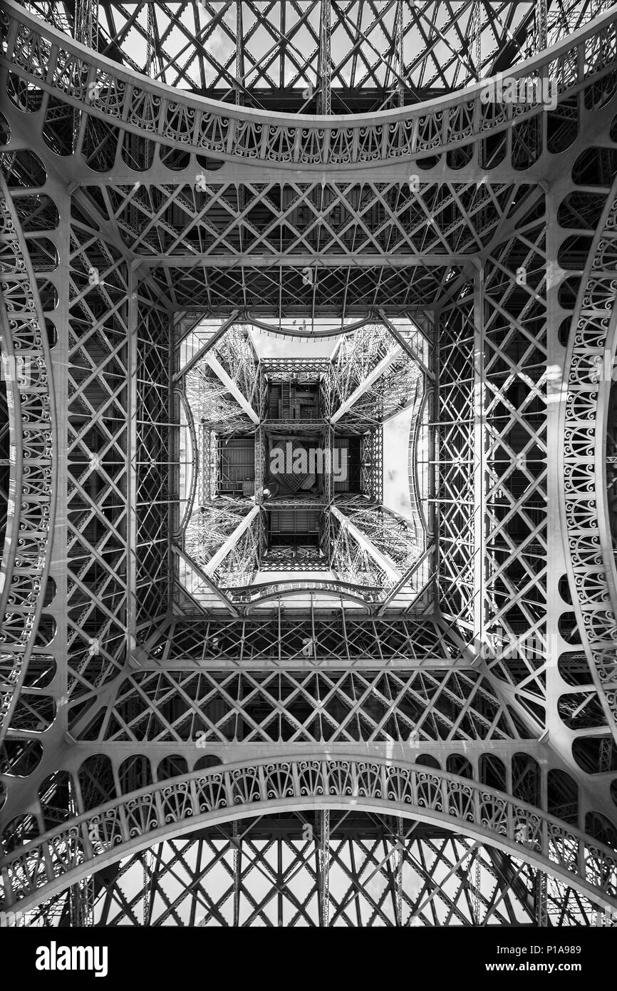 The Eiffel Tower, abstract view from below, Paris France Stock Photo