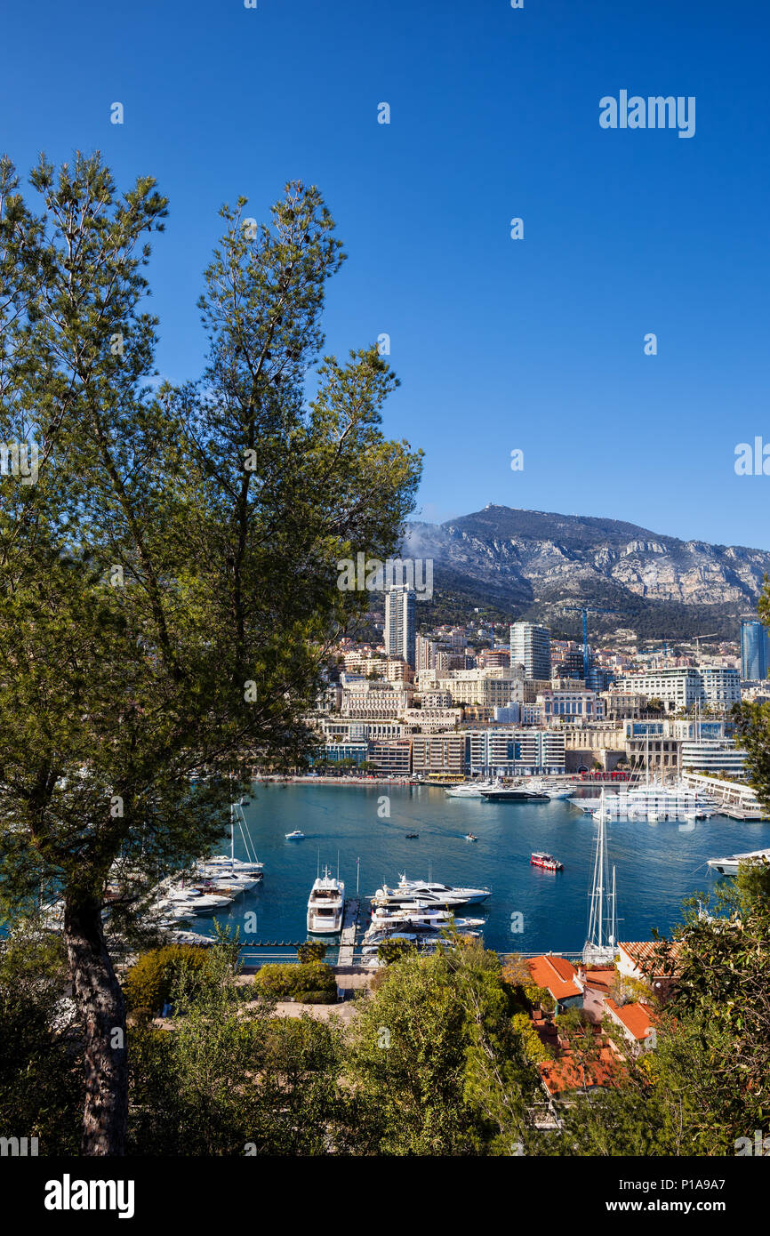 Principality of Monaco, Monte Carlo skyline and Port Hercule on Mediterranean Sea Stock Photo