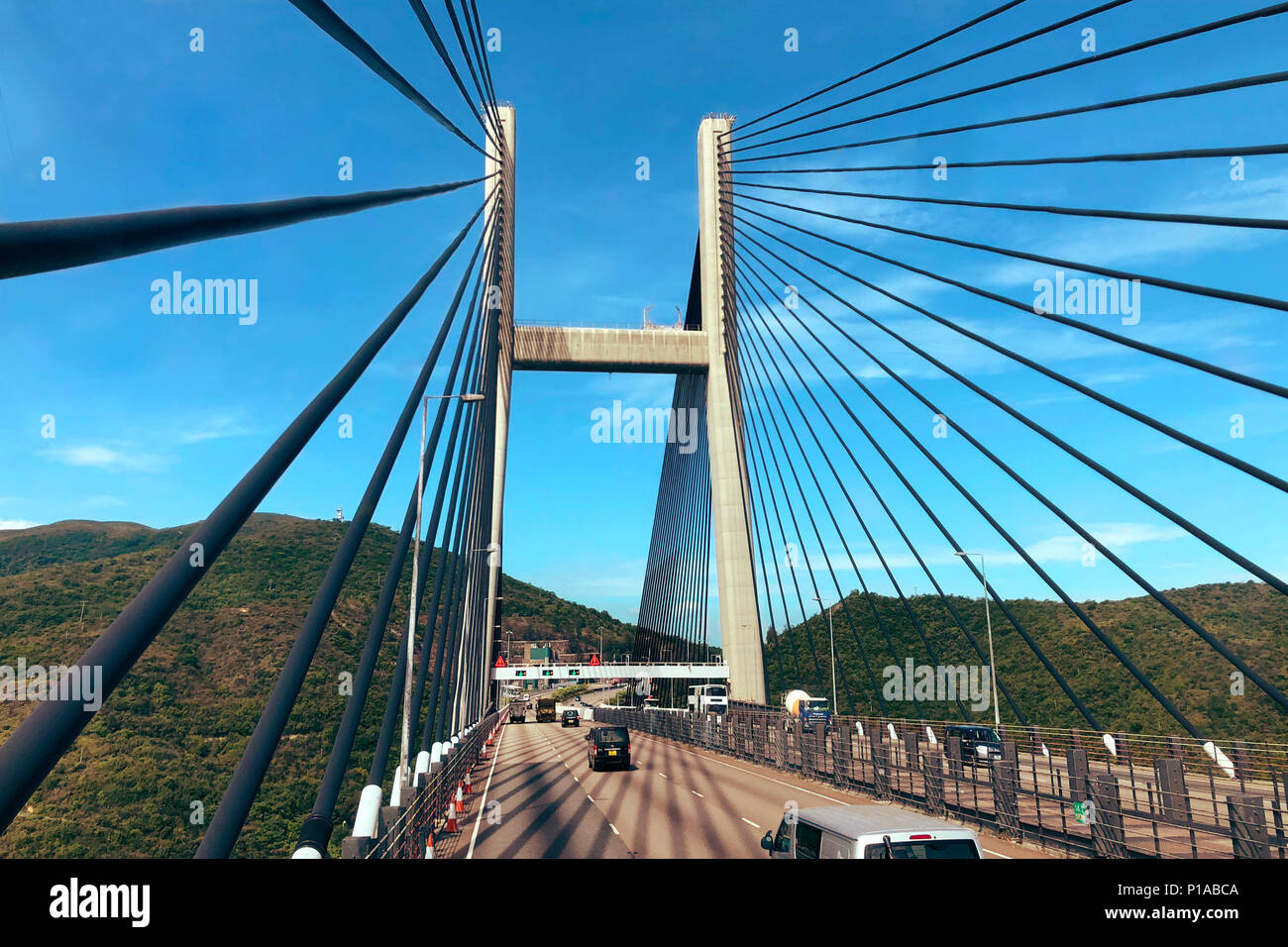 Hong Kong. Tsing Ma Bridge is one of longest span suspension bridges in the world which links Hong Kong New Territories and Lantau Island. Stock Photo