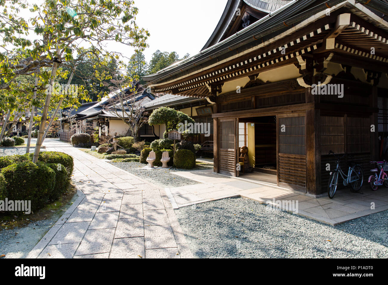 Traditional Wooden Architecture of Japanese Ryokan Guest Houses in Koyasan, Wakayama, Japan. Stock Photo