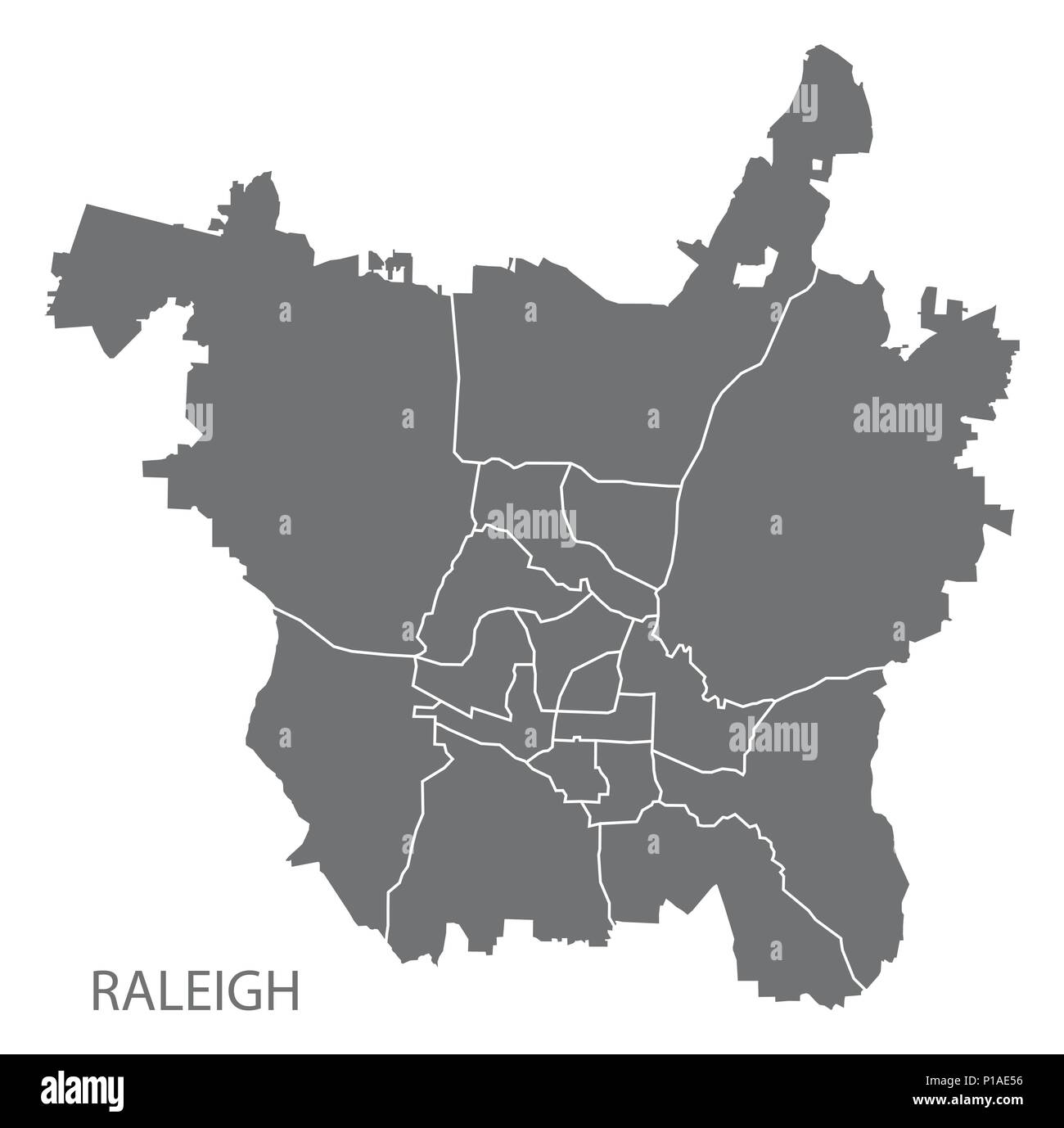 Raleigh North Carolina city map with neighborhoods grey illustration silhouette shape Stock Vector