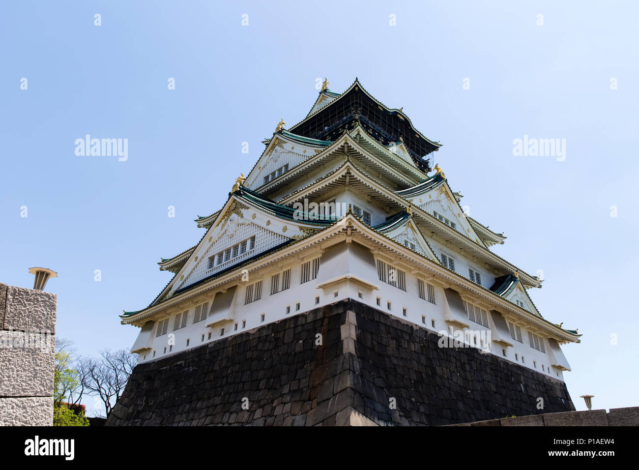 Looking up at the Imposing View of Osaka Castle. Stock Photo