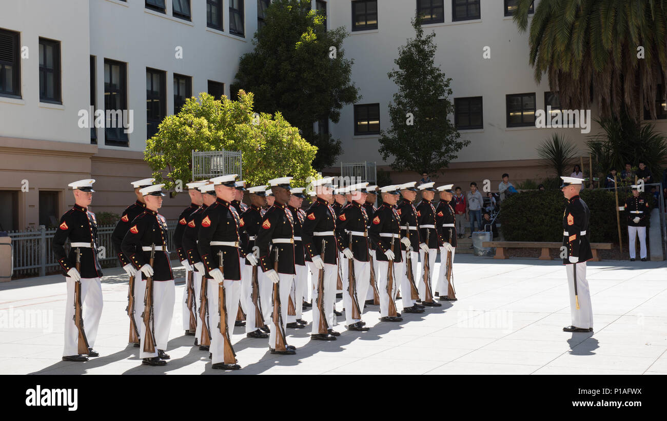 The Marine Corps Silent Drill Platoon preforms for the students of the