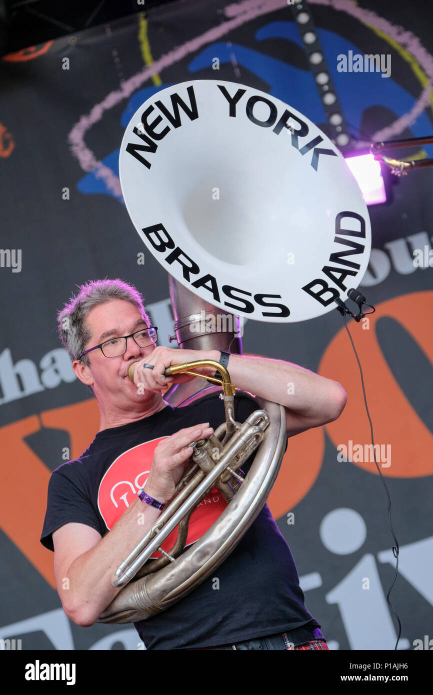 The New York Brass Band perform at the Wychwood Festival, Cheltenham