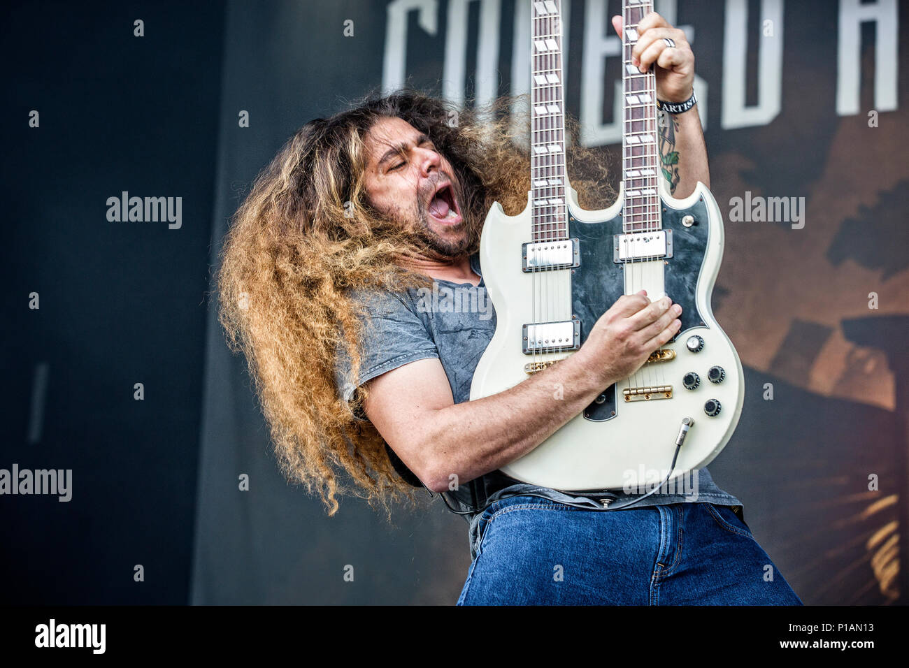 Sweden, Solvesborg - June 08, 2017. Coheed and Cambria, the American progressive rock band, performs a live concert during the Swedish music festival Sweden Rock Festival 2017 in Blekinge. Here guitarist Claudio Sanchez is seen live on stage. (Photo credit: Gonzales Photo - Terje Dokken). Stock Photo