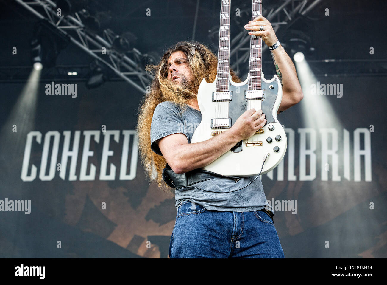 Sweden, Solvesborg - June 08, 2017. Coheed and Cambria, the American progressive rock band, performs a live concert during the Swedish music festival Sweden Rock Festival 2017 in Blekinge. Here guitarist Claudio Sanchez is seen live on stage. (Photo credit: Gonzales Photo - Terje Dokken). Stock Photo