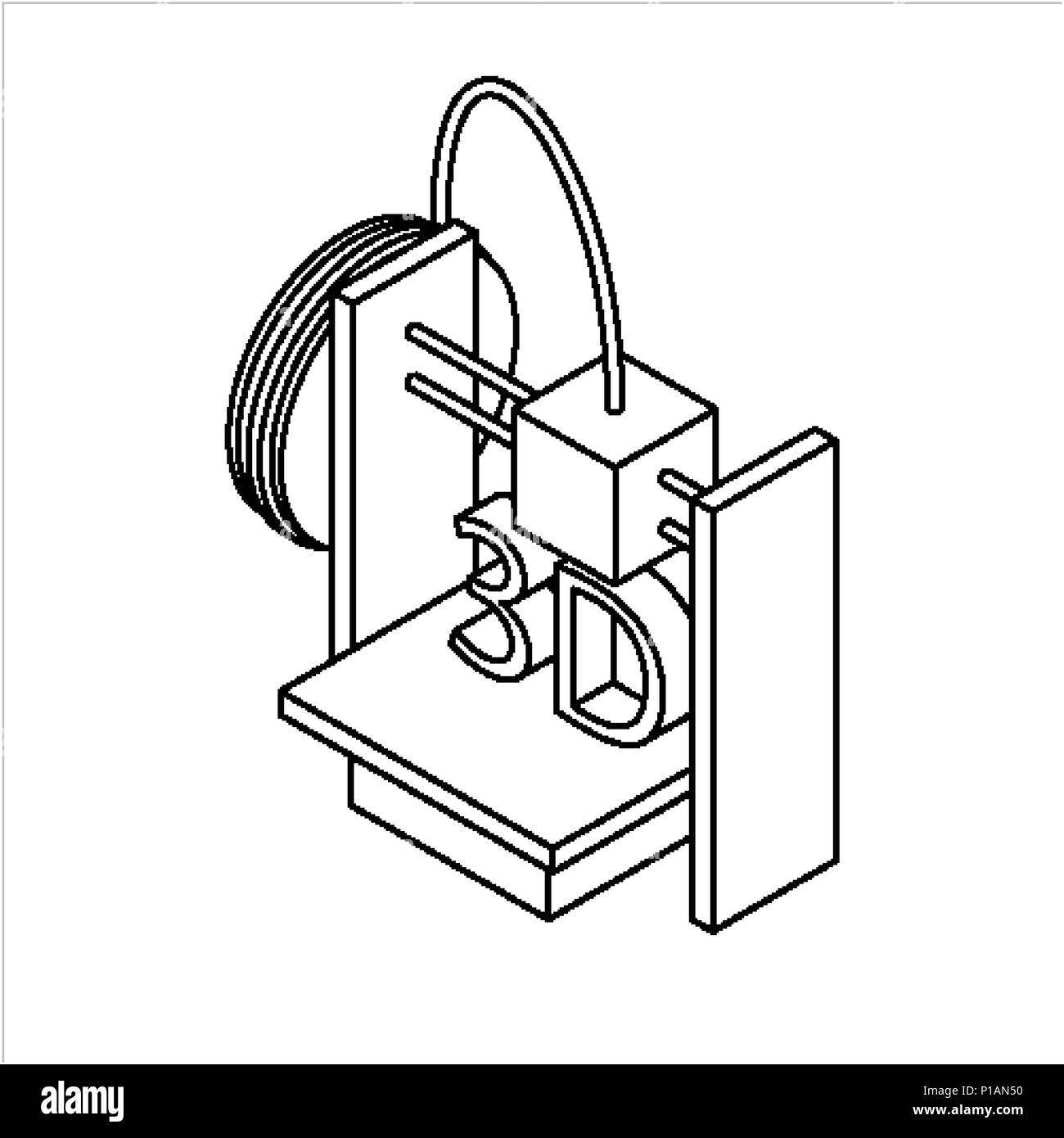 Isometric 3D Printer. Outline Icon. Vector Illustration. Stock Vector