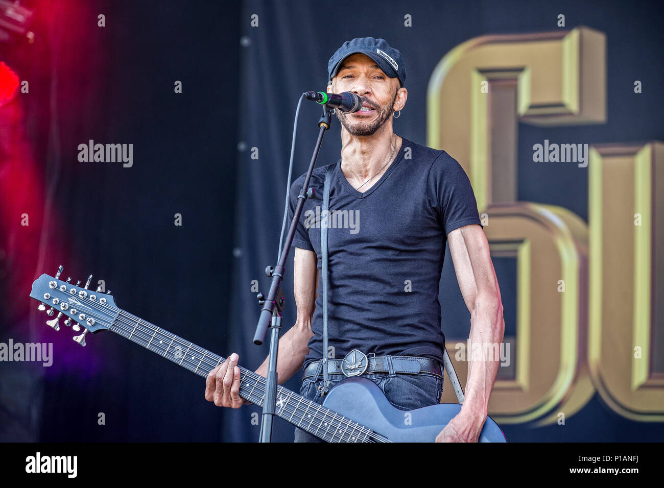 Sweden, Solvesborg - June 9, 2017. The American rock band King’s X performs a live concert during the Swedish music festival Sweden Rock Festival 2017 in Blekinge. Here vocalist and bass player Doug Pinnick is seen live on stage. (Photo credit: Gonzales Photo - Terje Dokken). Stock Photo