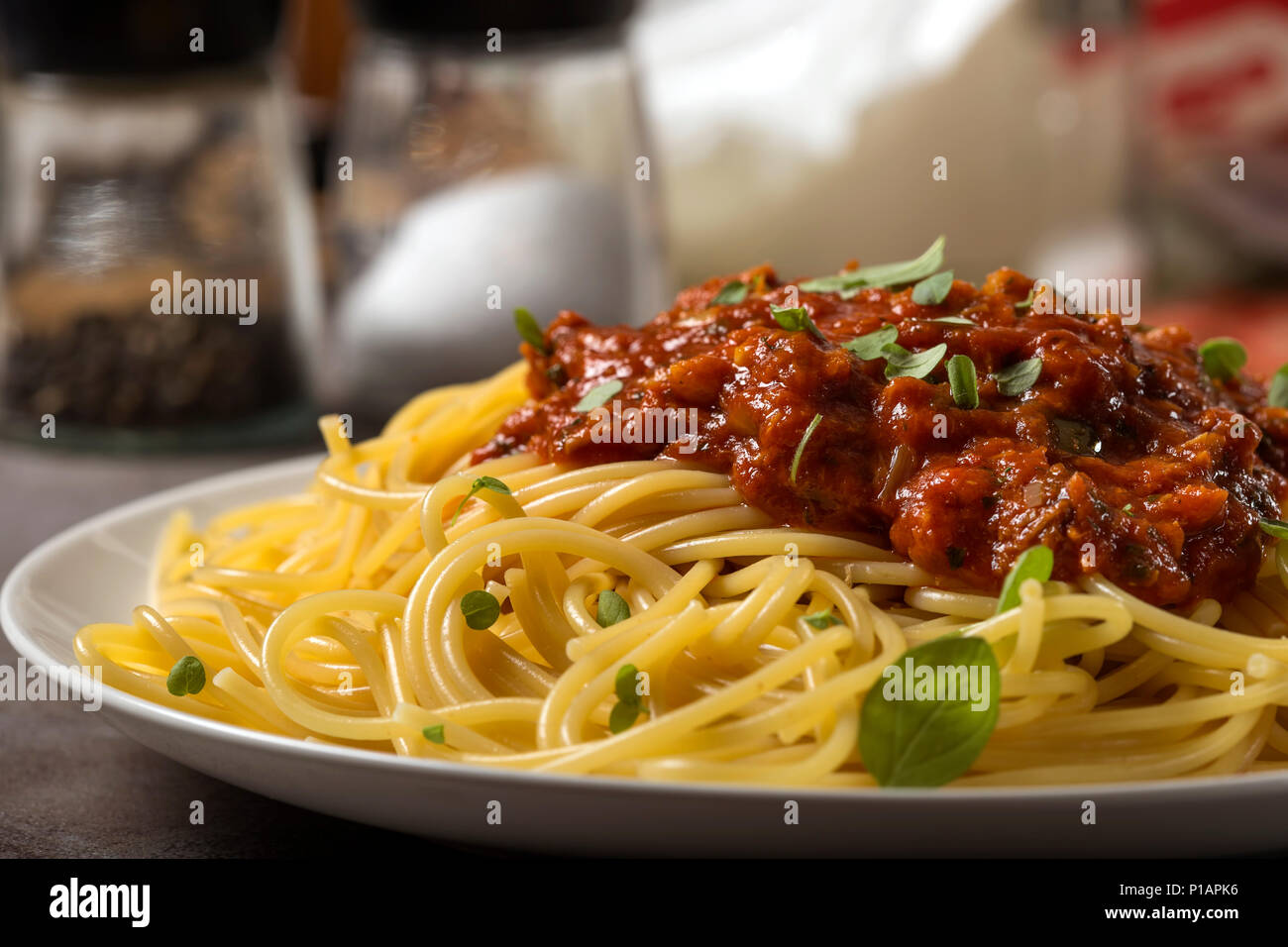 Spaghetti With Sauce Of Mediterranean Tuna Fresh Oregano Leaves And Italian Extra Virgin Olive Oil On White Plate Stock Photo Alamy