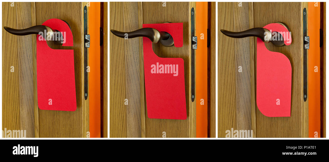 Set of Hotel door handle with red paper hanger Stock Photo Alamy