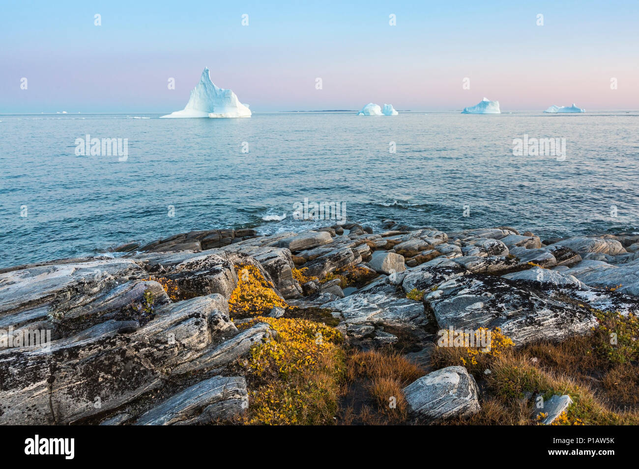 Icebergs in tranquil ocean, Disko Island, Greenland Stock Photo