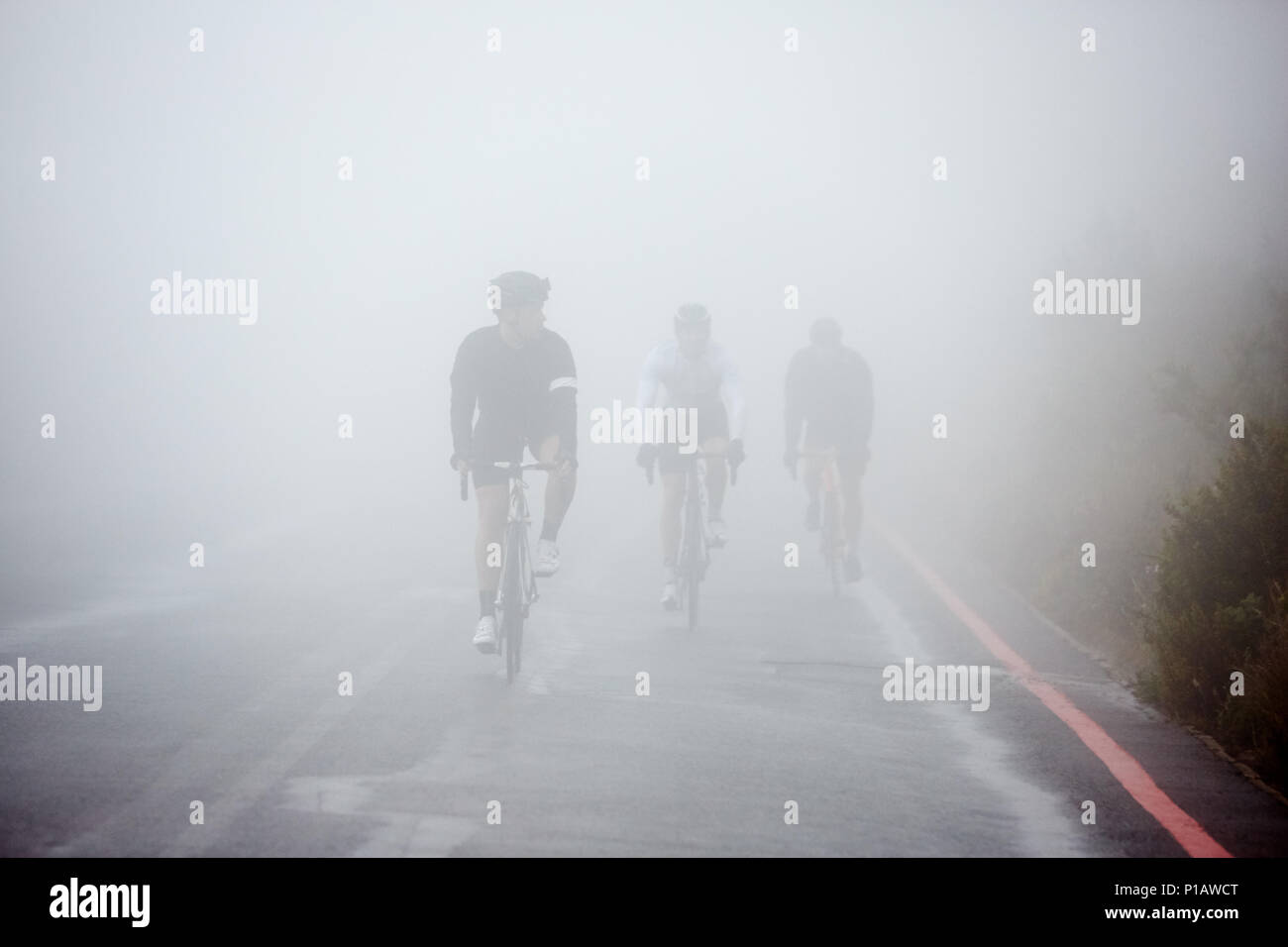 Dedicated male cyclists cycling on rainy, foggy road Stock Photo