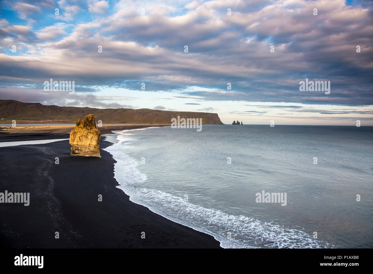 Black sand beach and tranquil, remote ocean, Dyrholaey, Iceland Stock Photo
