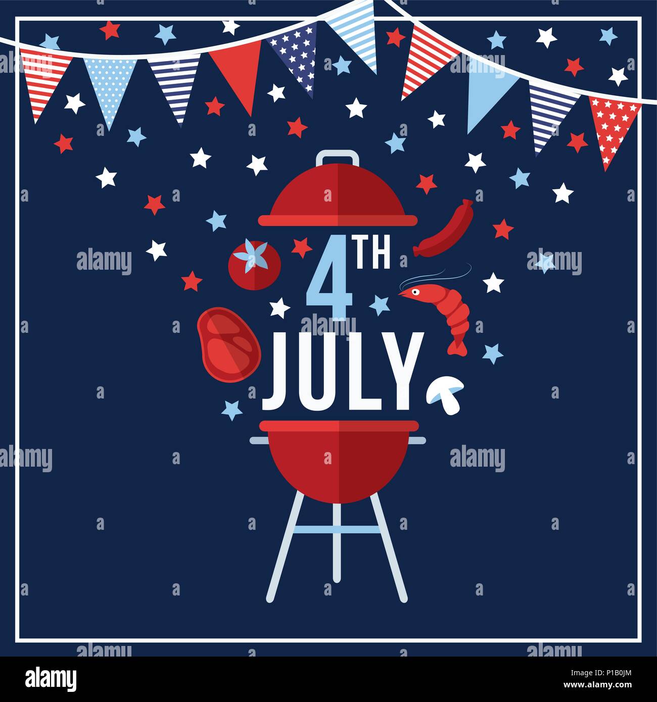 Happy Independence day, 4th July national holiday. Festive greeting card,  invitation with bunting flags decoration, barbecue food symbols and stras  in USA flag colors. Vector illustration background, web banner, flat design  Stock