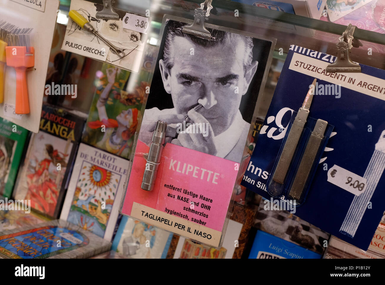 vintage style nose hair clippers in shop window, bologna, italy Stock Photo