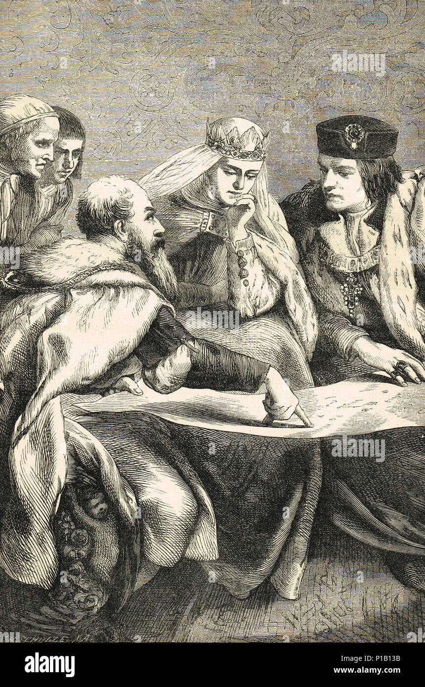 Christopher Columbus, showing his plans to Isabella and Ferdinand Stock Photo