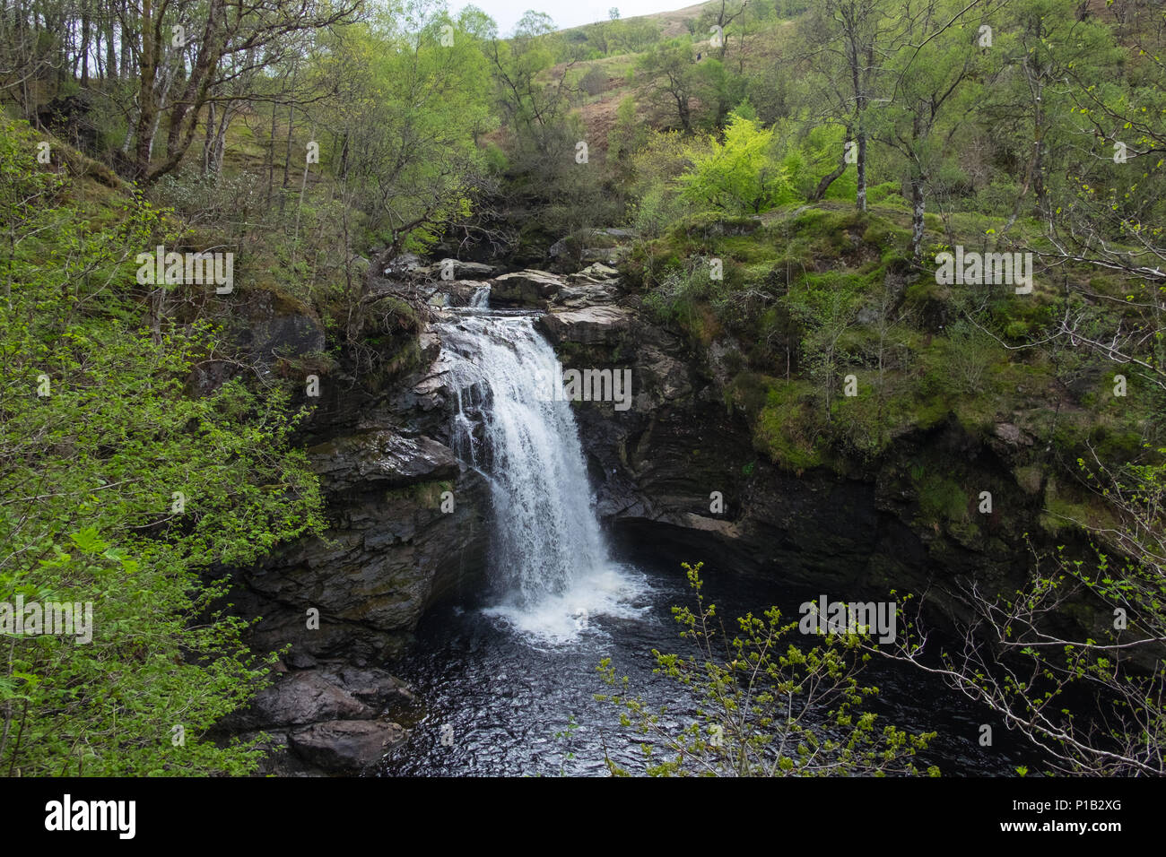 Falls of Falloch, a beautiful waterfall near Loch Lomond, a very convenient short walk from the main road to the highlands. Stock Photo