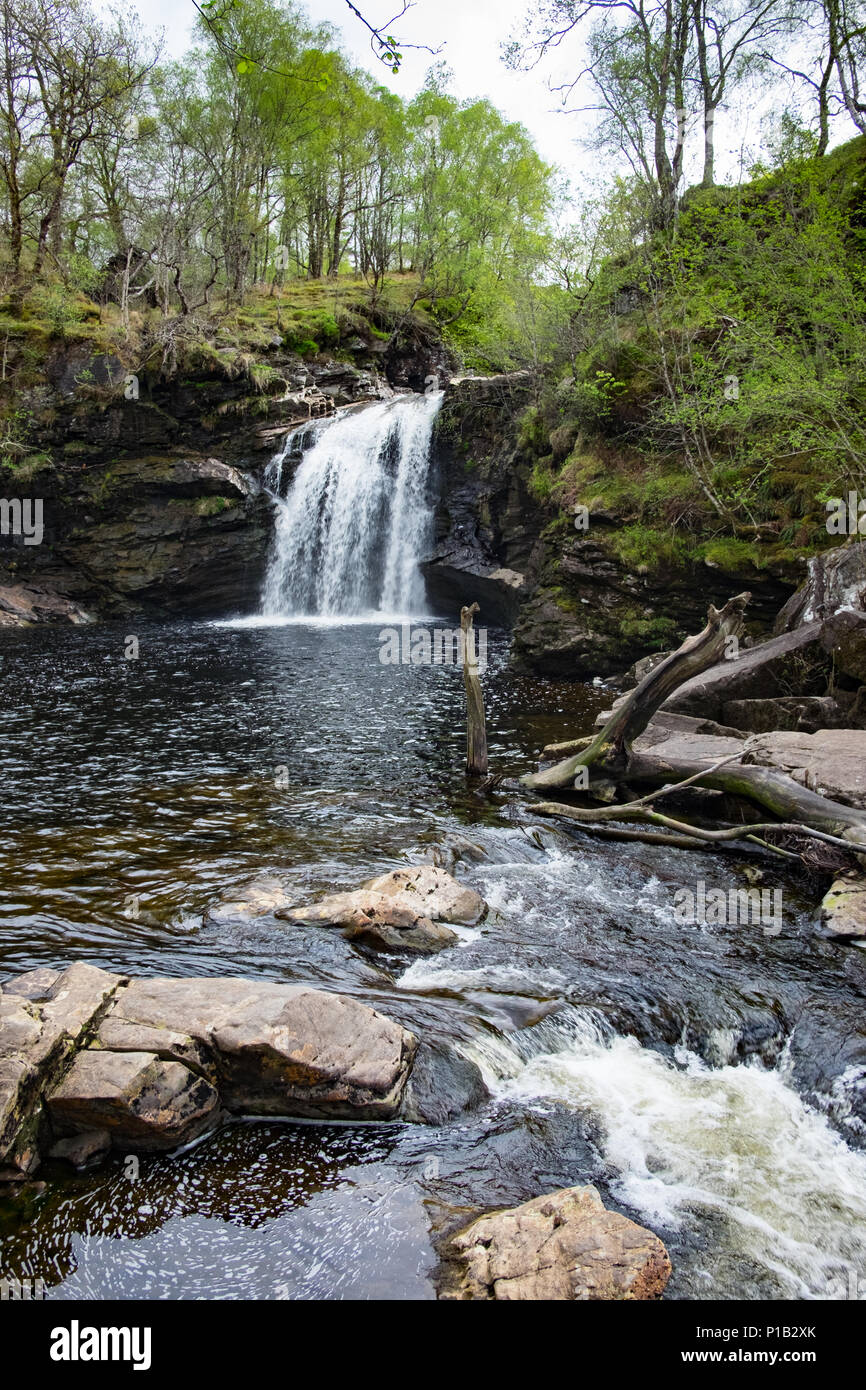 Falls of Falloch, a beautiful waterfall near Loch Lomond, a very convenient short walk from the main road to the highlands. Stock Photo
