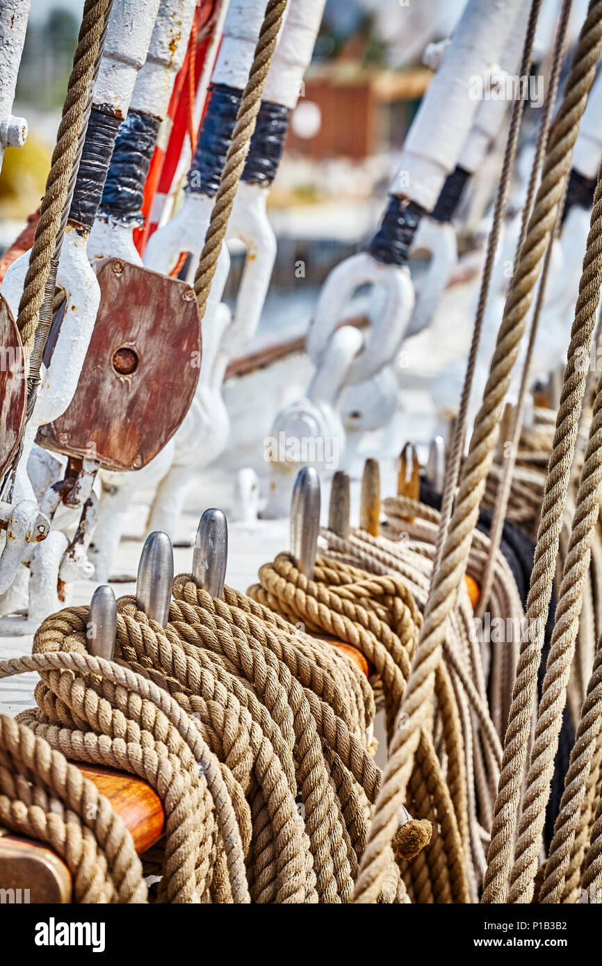Old sailing ship rigging details, selective focus. Stock Photo