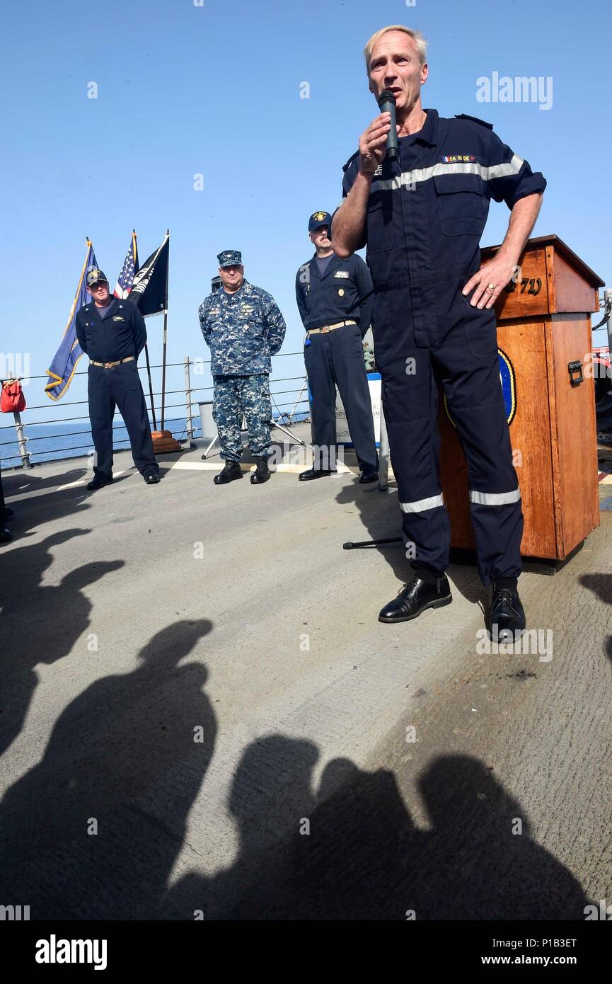 161013-N-FP878-195 MEDITERRANEAN SEA (Oct. 13, 2016) Vice Adm. Charles Du Che, French Commander and Chief Naval operations Mediterranean, addresses the crew of USS Ross (DDG 71) Oct. 13, 2016. USS Ross is providing multi-warfare defense support to Charles de Gaule carrier-based operations in the Eastern Mediterranean against identified ISIL positions in support of Operation Inherent Resolve. (U.S. Navy photo by Petty Officer 1st Class Theron J. Godbold/Released) Stock Photo
