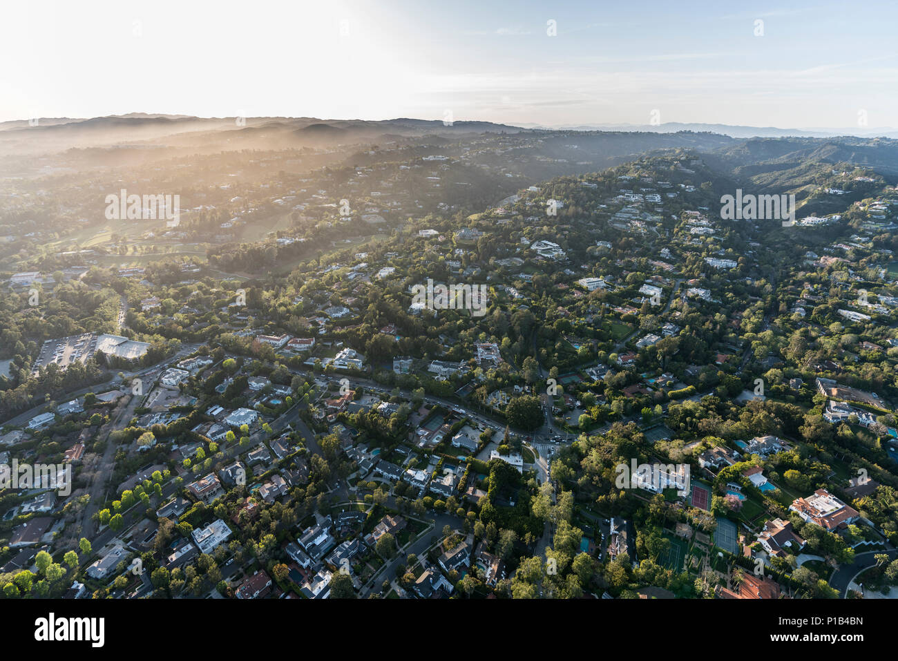 Aerial view of affluent homes and estates in the Bel Air area of Los Angeles, California. Stock Photo