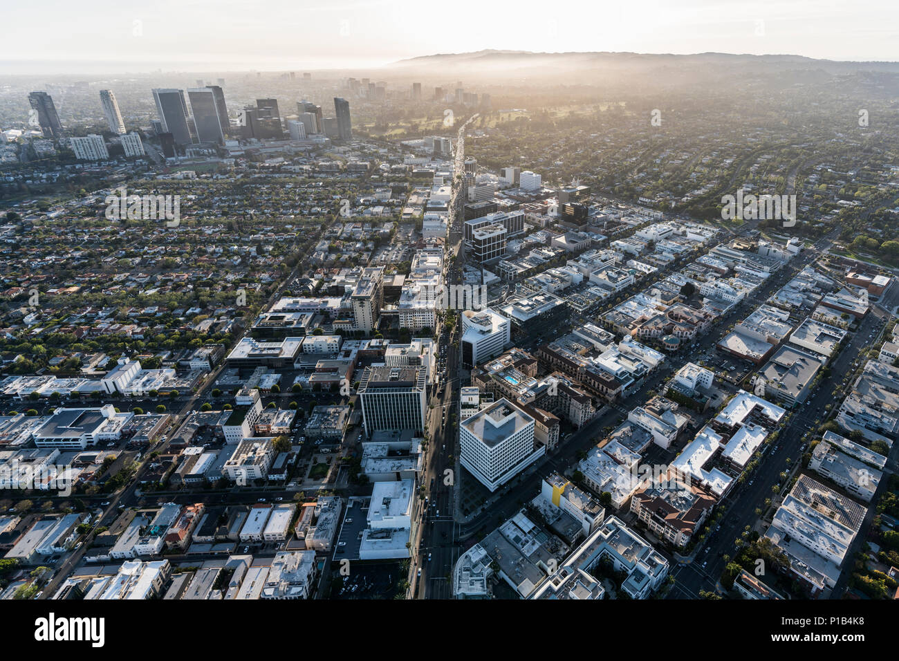 Aerial view of Wilshire Blvd in Beverly Hills with Century City and West Los Angeles in background. Stock Photo
