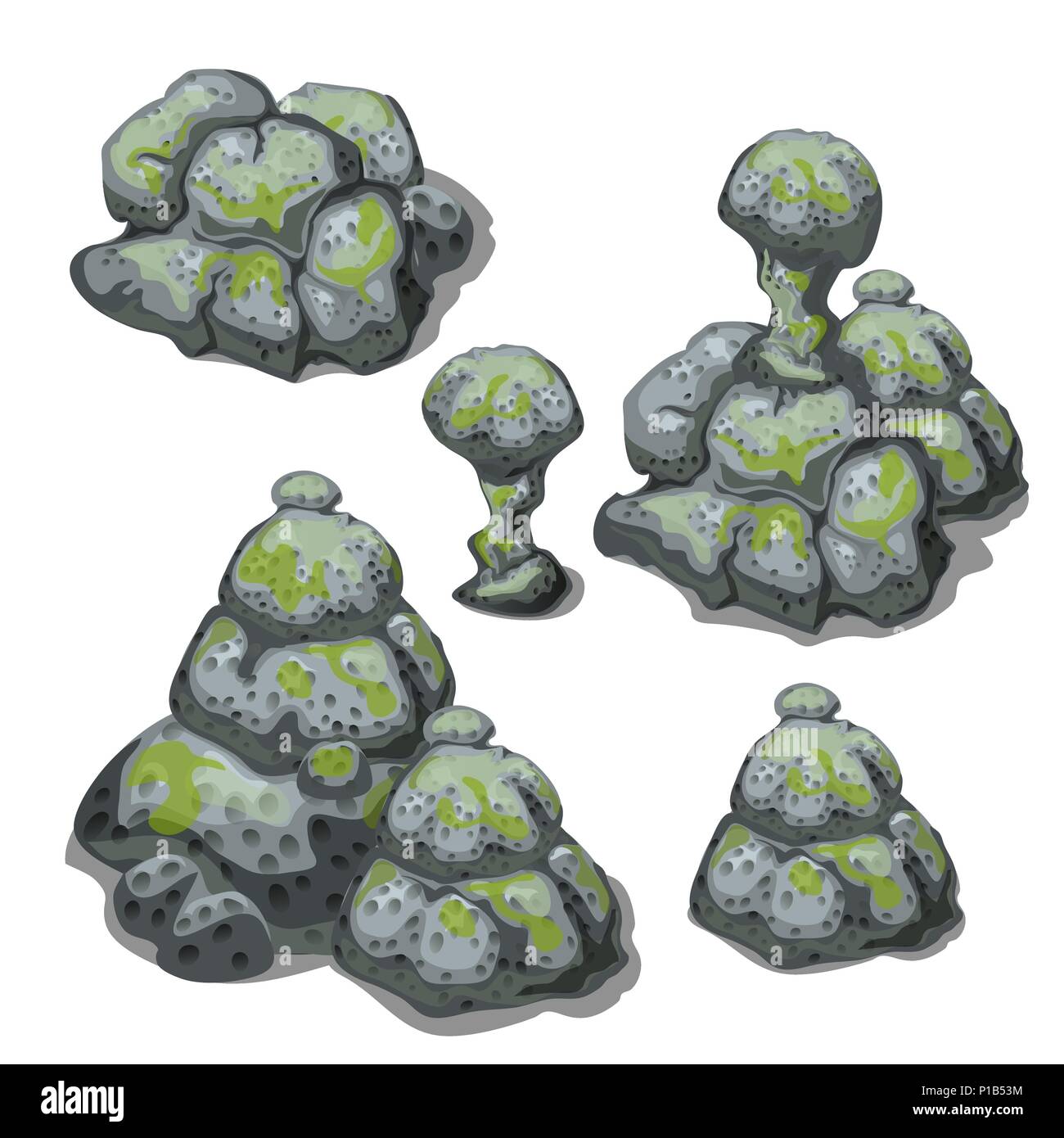 A set of grey boulders covered with silt isolated on white background. Vector illustration. Stock Vector
