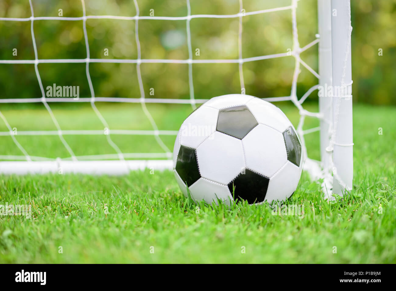 Classic Football Soccer Ball On Green Grass Ground In Front Of White Goal With Net Stock Photo Alamy