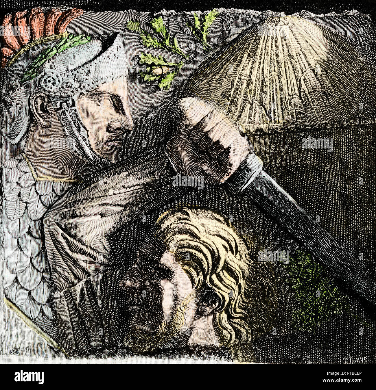 Celtic warrior and Roman soldier, with oak cluster and hut, from the column of Antoninus, ancient Rome. Hand-colored woodcut Stock Photo