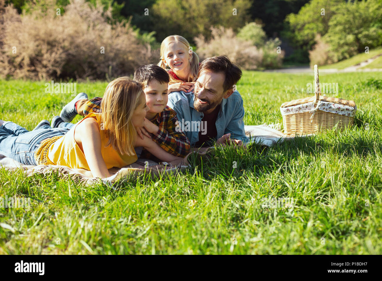 Alert family relaxing together in the open air Stock Photo Alamy