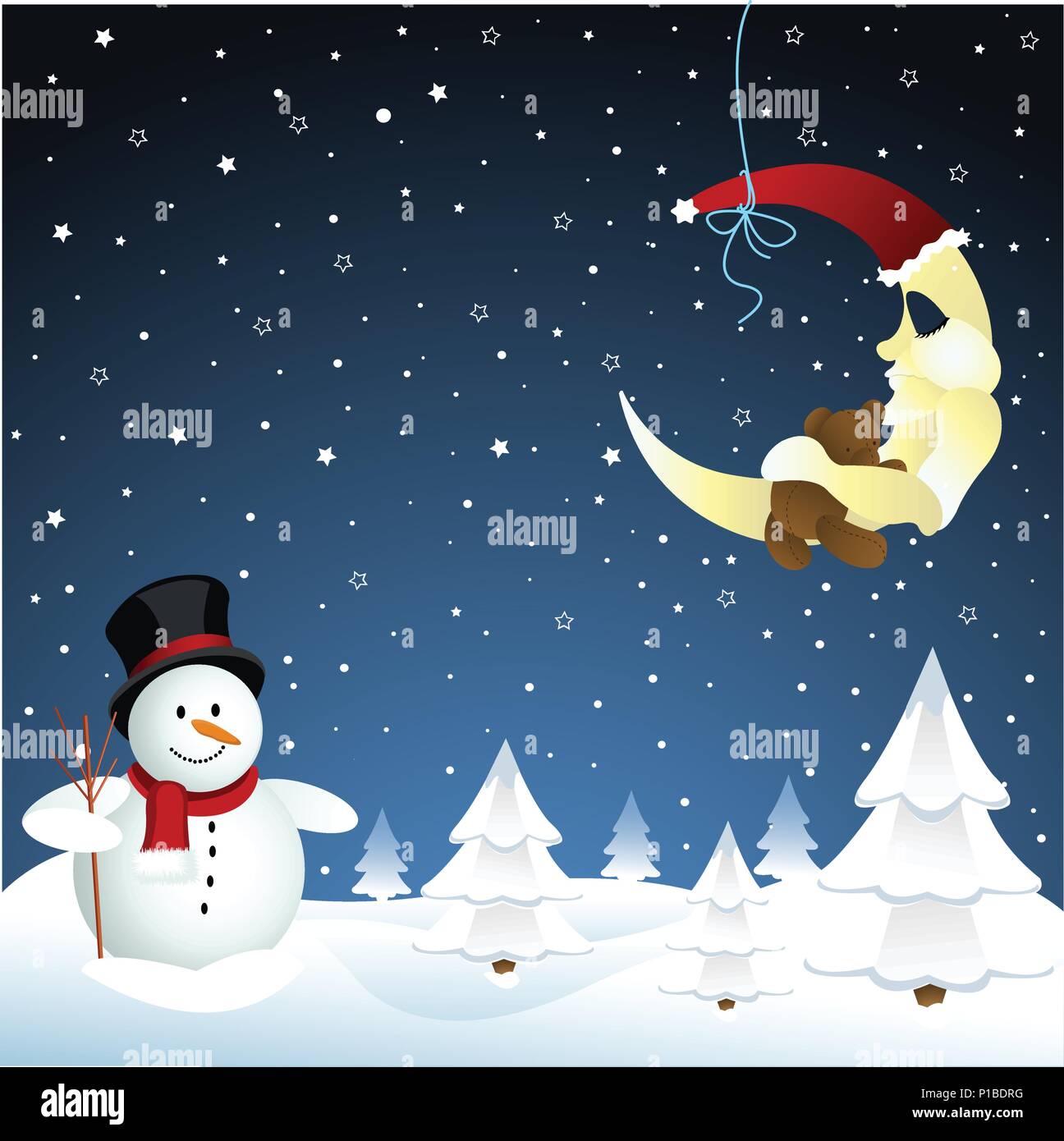 moon and snowman, winter Stock Vector