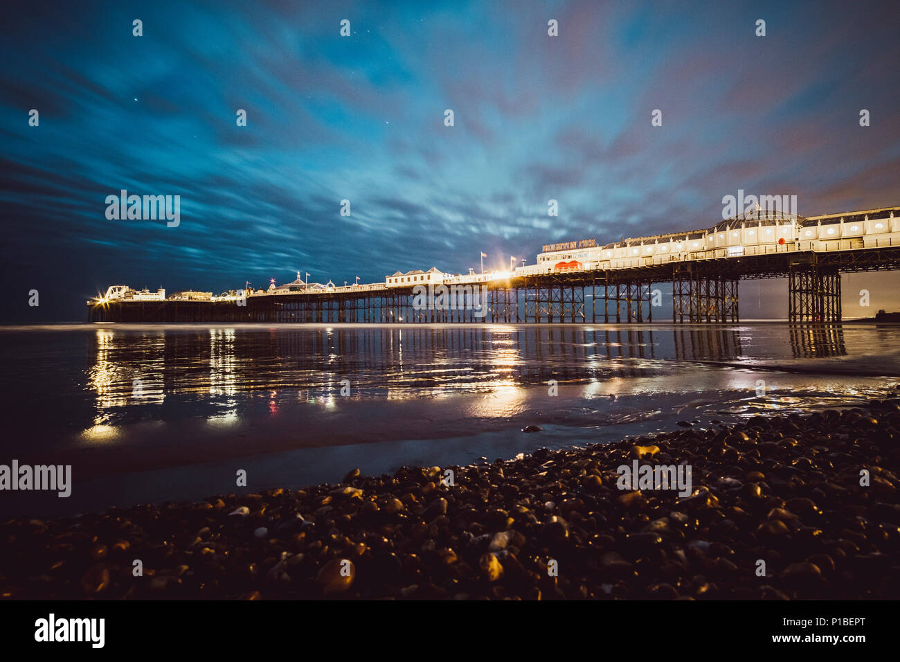 Brighton pier at night, Brighton Beach, Brighton, England Stock Photo
