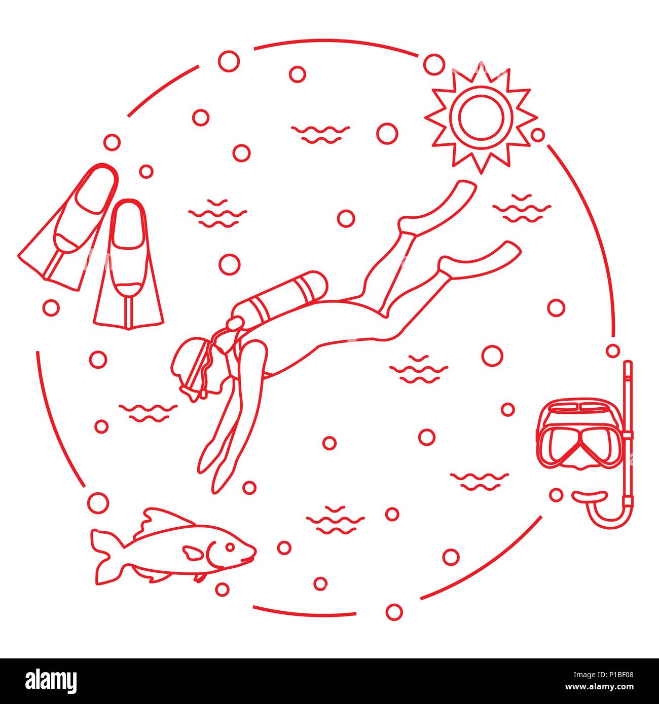 Mask, snorkel, flippers, sun, fish, scuba diver. Sports and recreation ...