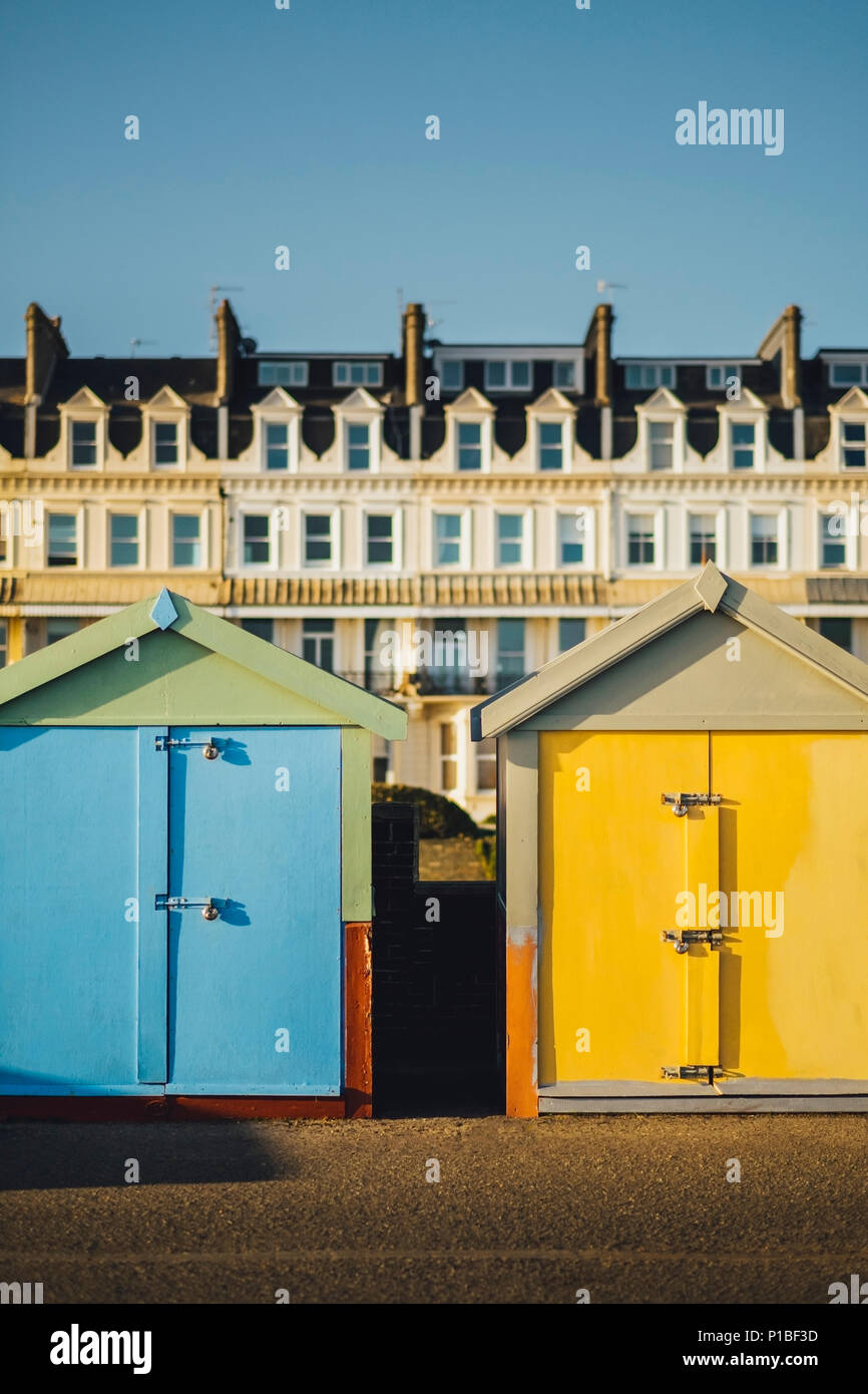 Colorful beach cottages at Brighton Beach, Brighton, England Stock Photo