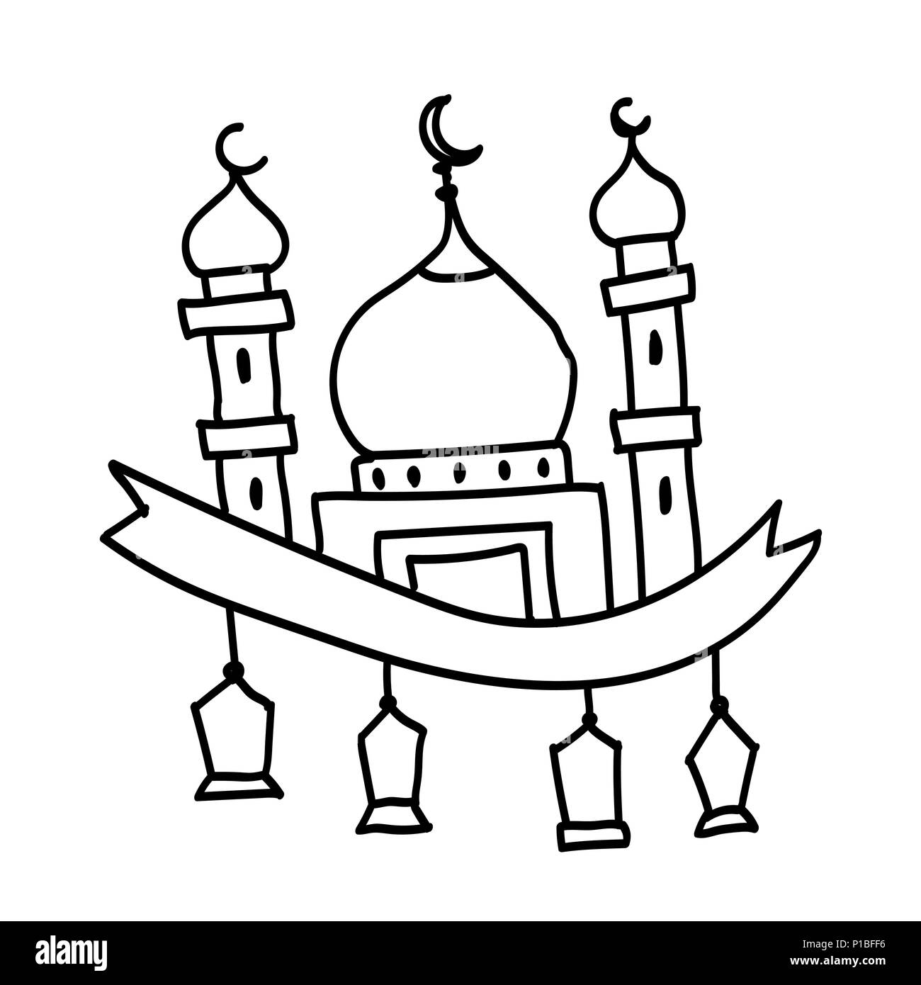 Hand drawn of Mosque with lantern, Islamic design concept - Vector drawing Stock Vector