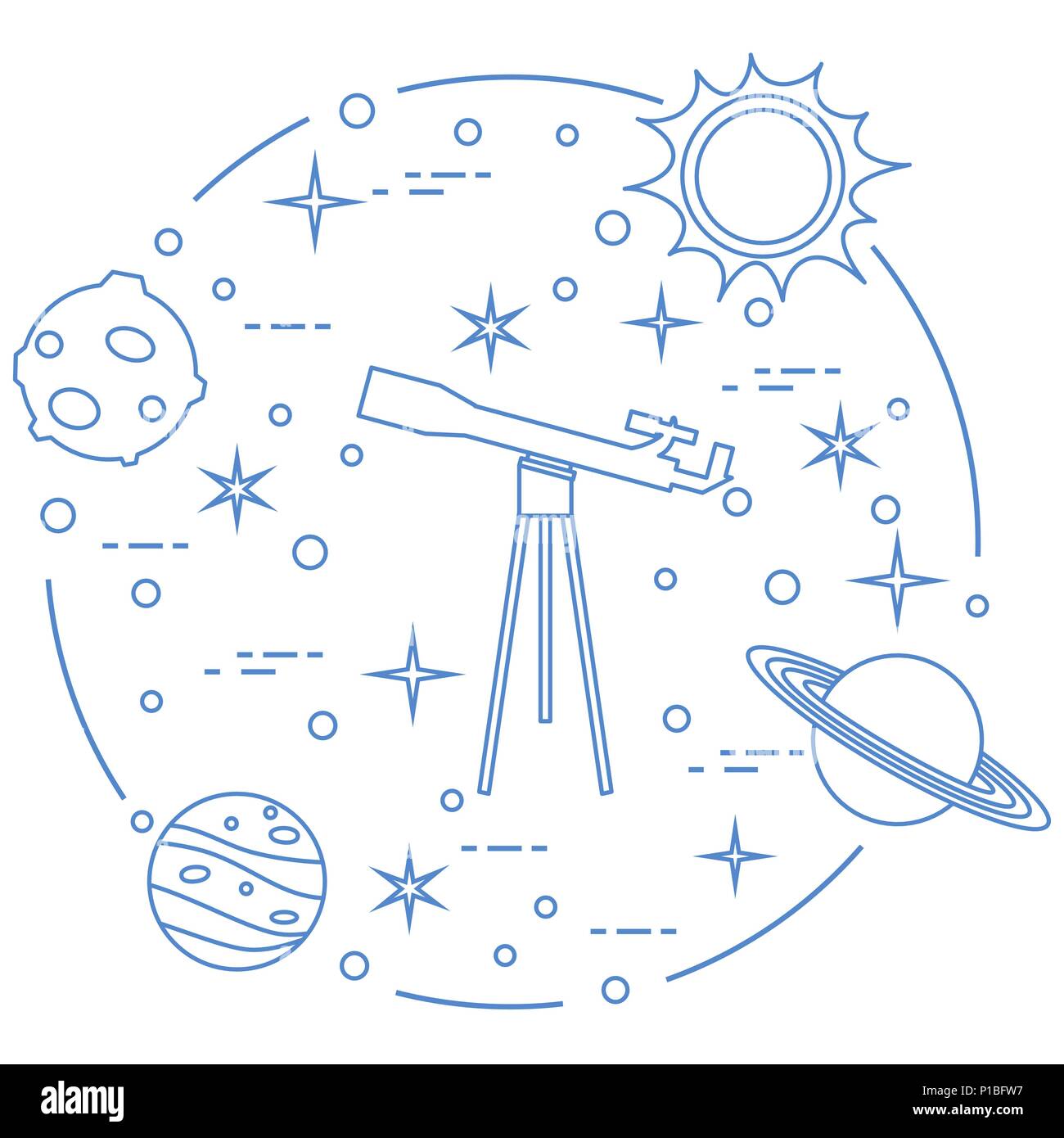 Science: telescope, sun, moon, planets, stars. Space exploration ...