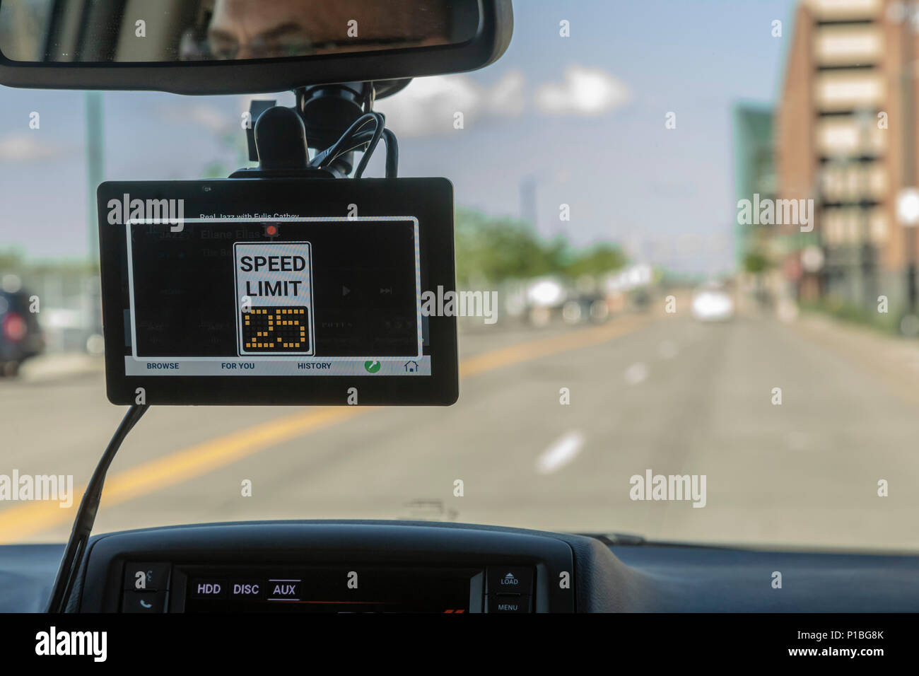 Detroit, Michigan - A demonstration of connected vehicle technology at the Intelligent Transportation Society of America annual meeting. An in-car dis Stock Photo