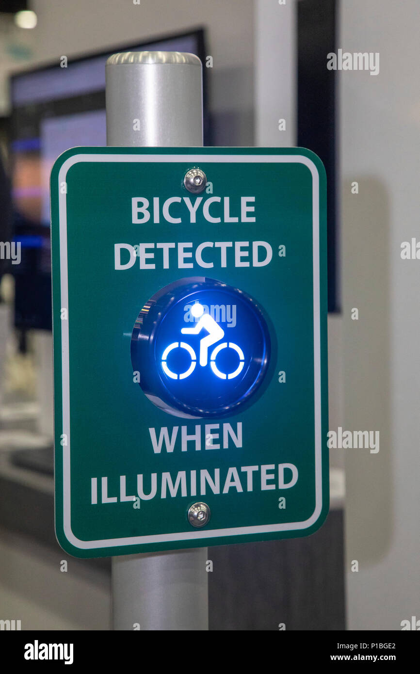 Detroit, Michigan - A demonstration of technology that warns drivers to watch for bicycles. The system was shown at the Intelligent Transportation Soc Stock Photo
