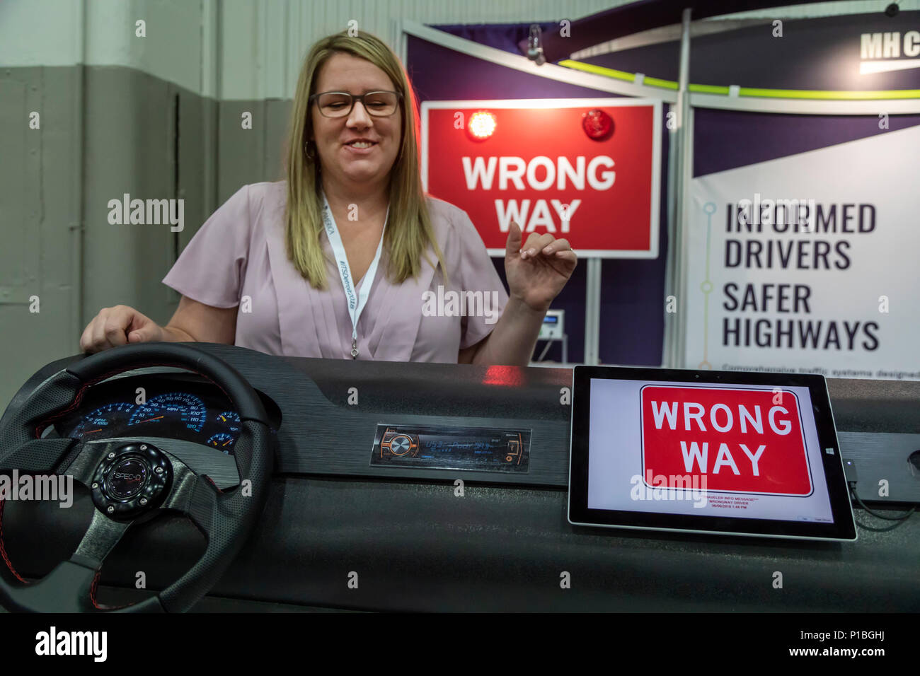 Detroit, Michigan - A demonstration of connected vehicle technology at the Intelligent Transportation Society of America annual meeting. Sensors on th Stock Photo