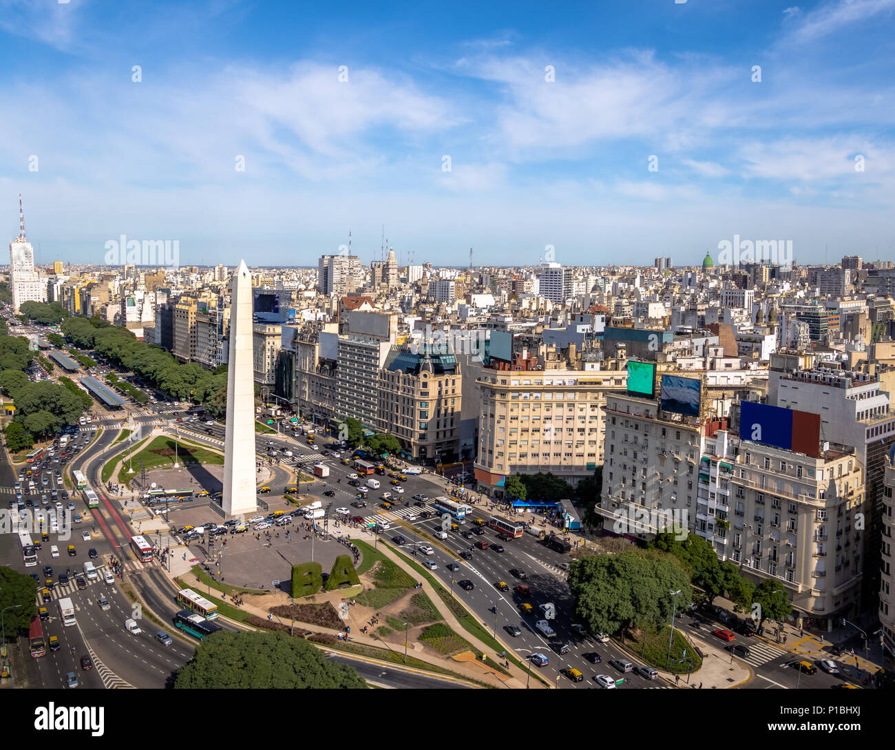 Aerial view of Buenos Aires city with Obelisk and 9 de julio avenue - Buenos Aires, Argentina Stock Photo