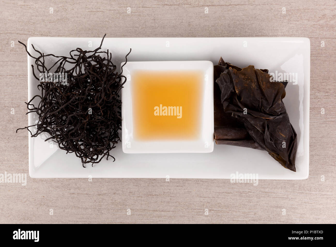 Traditional chinese medicine seaweed and Dan Shen. TCM top view Stock