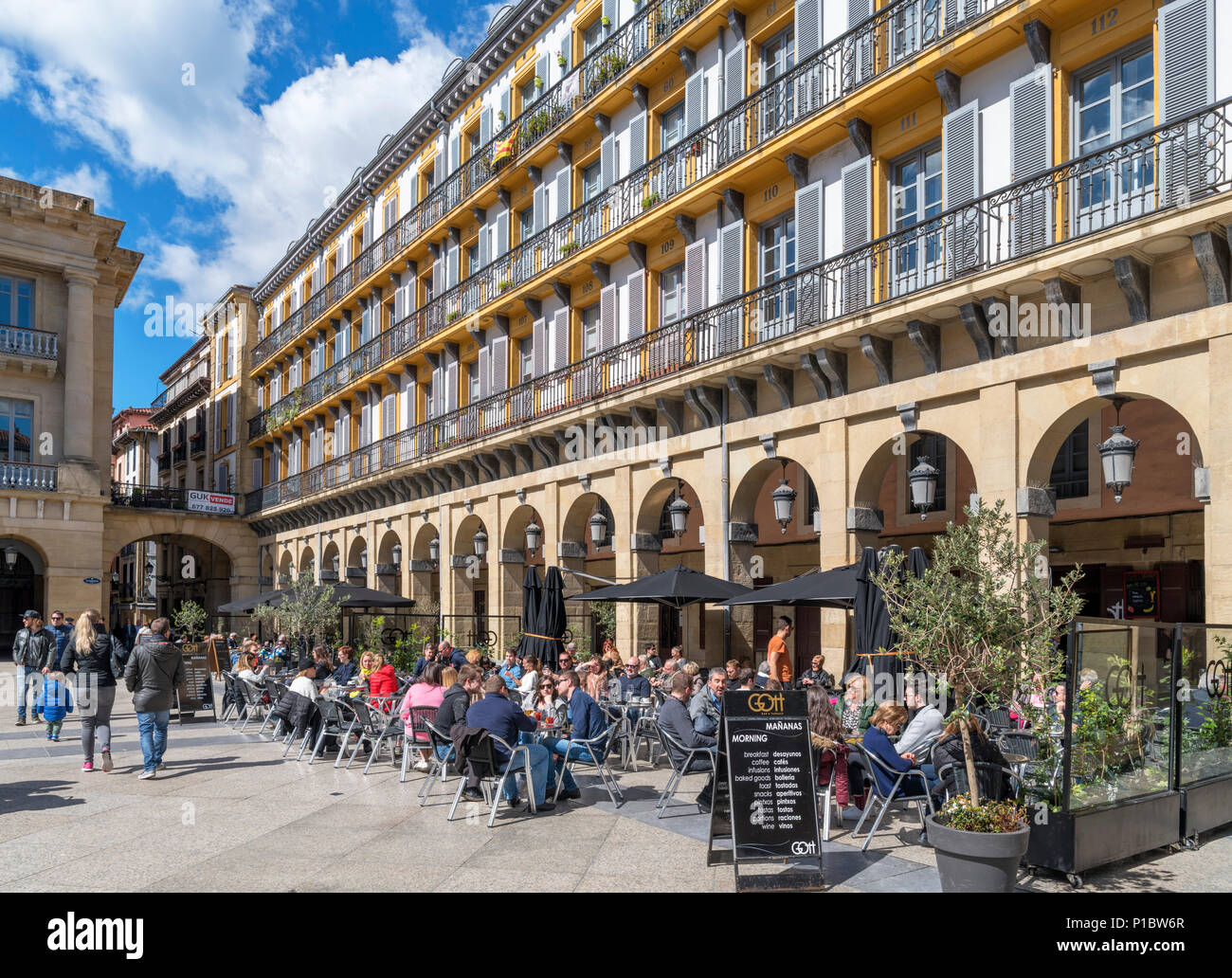 Cafes on the Plaza de la Constitucion, Casco Viejo (Old Town), San Sebastian, Basque Country, Spain Stock Photo